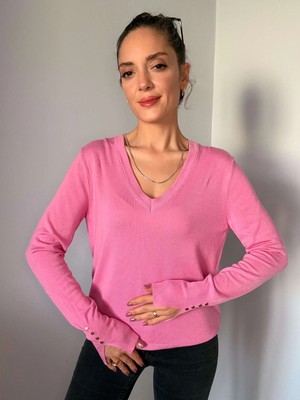 Pembe V Yaka Kol Detaylı Triko
