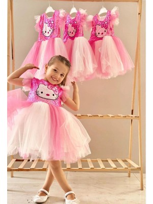 Butik Kız Çocuk Tütü Detaylı Payetli Elbise Hello Kitty Desenli