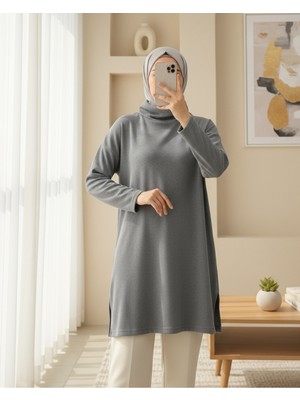 Modamorfo Balıkçı Yaka Yırtmaçlı Selanik Tunik   -Gri