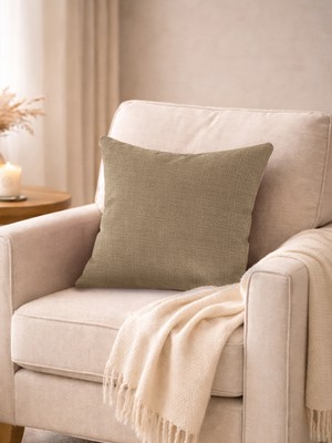 Favolli Bej Renk Keten Dokulu Şık Dekoratif Kırlent Kılıfı Gizli Fermuarlı Modern Salon Yastığı