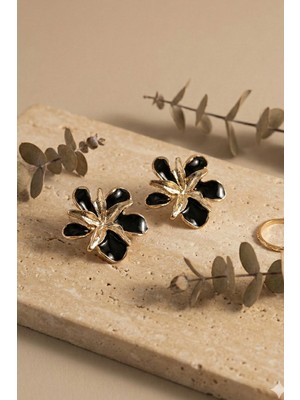 Aurrari Gold 2'li Çiçek Siyah Mineli Küpe