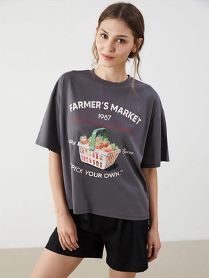 Lc Waikiki Yeni Sezon Bisiklet Yaka Baskılı Oversize Kadın Pijama Üstü