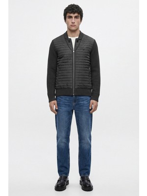 Sementa Kapitone Kombinli Fermuarlı Triko Ceket - Orta Gri