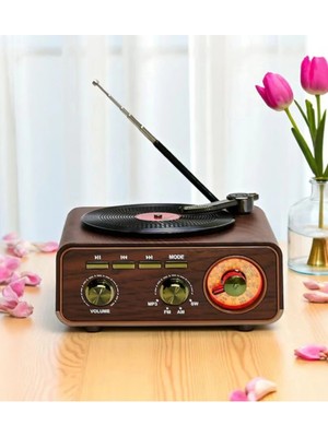 Rigour Nostaljik Tasarım Plak Çalar Görünümlü Radyolu Bluetooth Hoparlör Retro Müzik Plak radyo