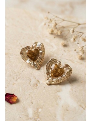 Aurrari Gold Kahverengi Mineli ve Çizgili Kalp Küpe