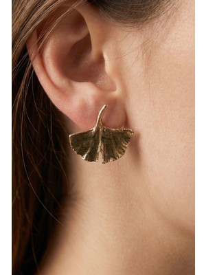 Aurrari Gold Kahve Mineli Ginkgo Yaprağı Küpe