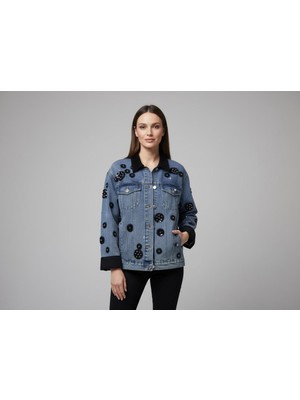 Rabiossa Tasarım Çiçek Boncuk Işlemeli Oversize Jean Kot Ceket