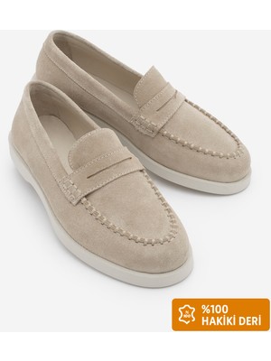 Marjin Kadın Hakiki Deri Ip Detaylı Makosen Loafer Günlük Ayakkabı Ginar Bej Süet