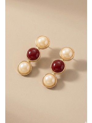 Aurrari Gold Üçlü Bordo ve Beyaz Sedefli Küpe