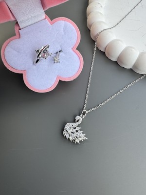 Gözde Aksesuarım Gümüş Kuğu Kolye Ile Yıldızlı Ayarlanabilir Yüzük Seti Çelik