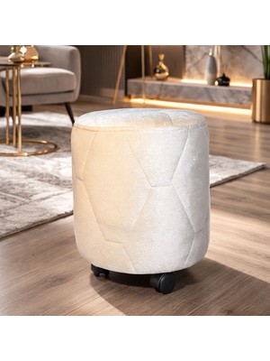 Ratemo Mobilya Krem Luna Kumaş Tekerlekli Puf Tabure - 5 Tekerlekli Makyaj Koltuğu - Sağlam Kasalı Oturak