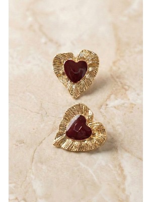 Aurrari Gold Bordo Mineli ve Çizgili Kalp Küpe