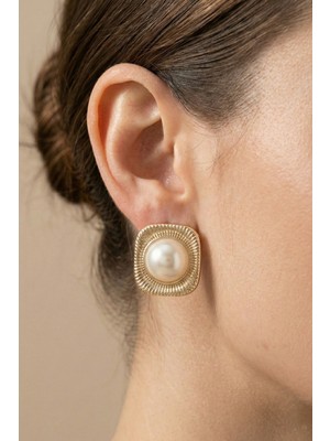 Aurrari Gold Kare Çizgili Incili Küpe