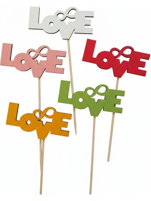 Gözeler 5 Farklı Renkte Ahşap Love Yazılı Pasta ve Çiçek Süsü - Düğün, Nişan ve Doğum Günü Dekoratif Süs, 5’li Paket
