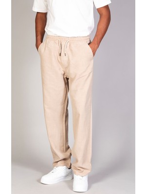 Little Cup Jeans Co  Erkek Beli Lastikli Süper Rahat Tensel Kumaş Bej Baggy Pantolon