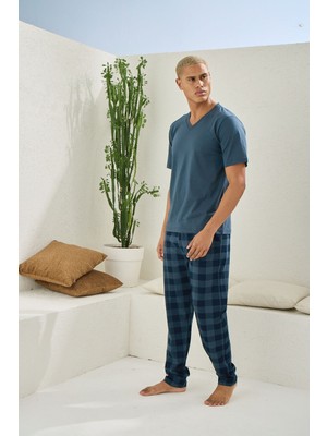 Kly %100 Pamuk Erkek Büyük Beden V. Yaka Pijama Takımı Şık Tasarım