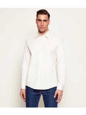 Boss Erkek Dar Kalıp Logo Işlemeli Pamuklu Uzun Kollu Ekru Gömlek 50557097-118