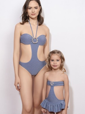 Lovekini Luna Blue Kids Swimsuit With Rose Gold Crystal Pearl Embellished Buckle