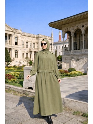 Modal Cupra Kumaş Haki Renk Tesettür Etekli Takım Düğme Detaylı Şık ve Rahat Kombin