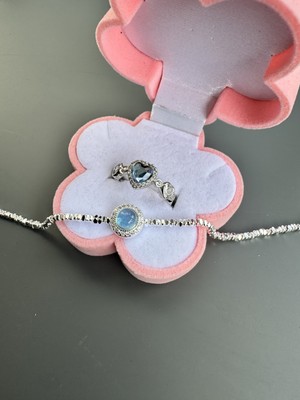 Gözde Aksesuarım Mavi Taşlı Gümüş Renk Bileklik ve Yüzük Seti Çelik