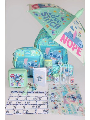 Stitch "dekomus Ile Lisanslı Stıtch "galaxy Pop Koleksiyonu" Full Kırtasiye Okul Seti Şemsiye,okul Çantası,termoslu Beslenme ÇANTASI,500 ml Matara ve Beslenme Kabı Seti