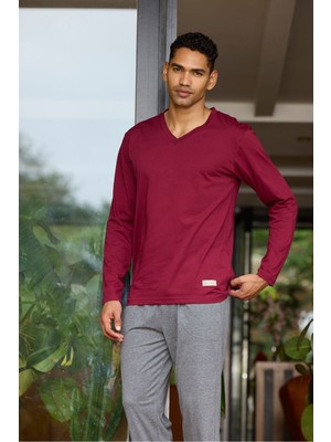 Kly Erkek Dört Mevsim Battal V Yaka Boydan Düğmeli Pijama Takımı