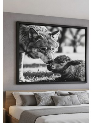 Safir Design Modern Siyah Beyaz Kurt Temalı Çerçeveli Tablo