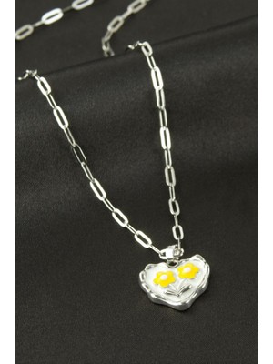Zero Land Storozde Kalp Çiçek Mineli Kolye - Gümüş Rengi