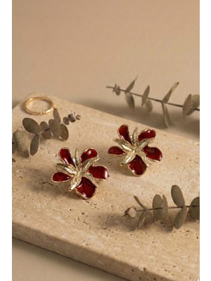 Aurrari Gold 2'li Çiçek Bordo Mineli Küpe