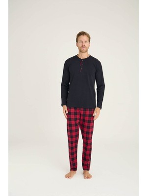Kly %100 Pamuk Erkek Midi Yaka Uzun Kollu Pijama Takımı Şık Tasarım