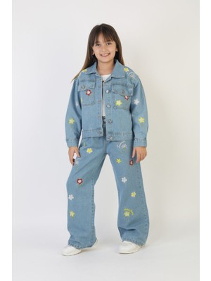 Moonch Kız Çocuk Çiçek Nakışlı Kot Takım – %100 Pamuk Denim Ceket ve Pantolon – Günlük Rahat Jean Kombin