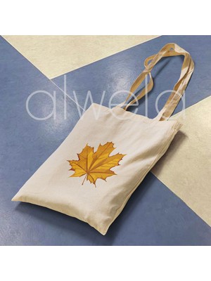Alwela Sonbahar Akağaç Yaprağı Desen Baskılı Omuz Askılı Ekru Ham Bez Çanta 35X40 cm