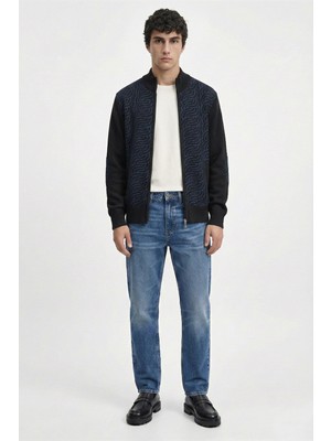 Sementa Desenli Dik Yaka Fermuarlı Triko Hırka - Siyah - Saks