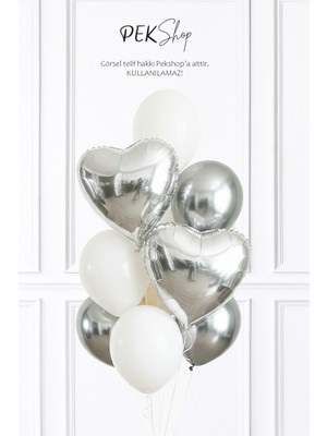 Pekshop Gümüş Beyaz Balon Demeti Gümüş Kalp Folyo Balonlu Balon Seti SET252