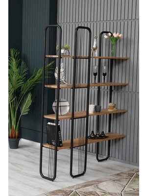 Flinder Lüks 4 Raflı Çam Rengi, Siyah Profilli, Sierra Kitaplık, Dosyalık, Ofis Kitaplığı, Dekoratif