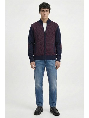 Sementa Desenli Dik Yaka Fermuarlı Triko Hırka - Lacivert - Bordo