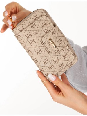 Newish Kadın Deri Desenli Telefon Kağıt Para Bölmeli Kartlık ve Cüzdan NEW215 -  Bej