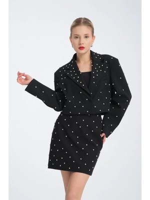 Özlem Yıldız Çakmalı Taş Detaylı Siyah Mini Etek-Gece Kombinlik Taşlı Siyah Mini Etek 38