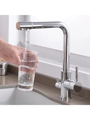 Rena Deluxe Krom Arıtmalı Mutfak Eviye Bataryası 3 Yollu L Boru Lüx Su Tasaruflu Musluk