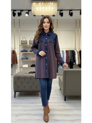 Invee Kadın Denim Detaylı Gömlek Ceket 7203 Gül