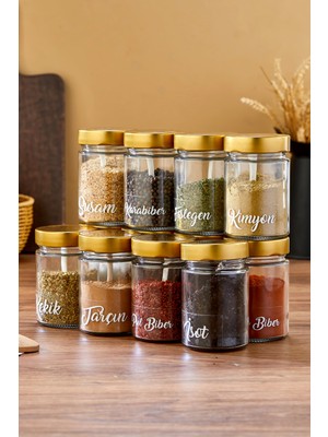 12'li 350 ml Metal Kapaklı Baharat Saklama Kabı Cam Kavanoz(Plastik Kaşık/ Etiket Dahil)