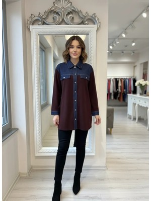 Invee Kadın Denim Detaylı Gömlek Ceket 7203 Murdum