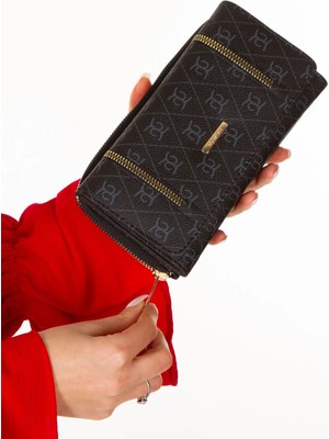 Newish Kadın Deri Desenli Telefon Kağıt Para Bölmeli Kartlık ve Cüzdan NEW214 - Siyah