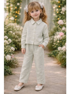 Ugly Duck 4–8 Yaş Kız Çocuk Mint Yeşili Taş Detaylı Ceket ve Bol Paça Pantolon Takım