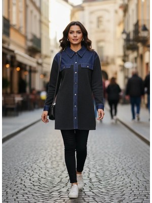 Invee Kadın Denim Detaylı Gömlek Ceket 7203 Antrasit