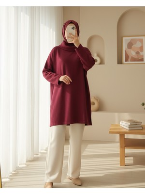 Moda Morfo Balıkçı Yaka Yırtmaçlı Selanik Tunik  -Bordo