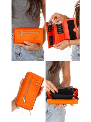 Newish Kadın Deri Desenli Telefon Kağıt Para Bölmeli Kartlık ve Cüzdan NEW216 - Turuncu