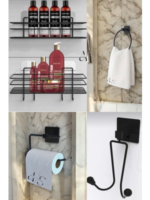 Ahlat Store Siyah 5'li Banyo Seti 2li Duş Rafı, Yuvarlak Havluluk, Wc Kağıtlık, Askılık