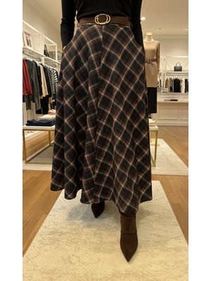 PNR Woman Uzun Ekose Desenli Kahve-Siyah Etek Kemerli