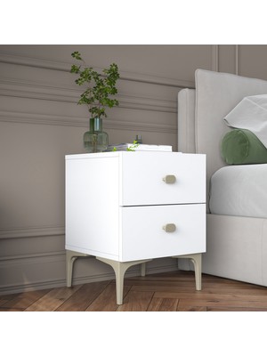 Rani BD110 Modern Komodin 2 Çekmeceli Ayaklı Yatak Odası Beyaz